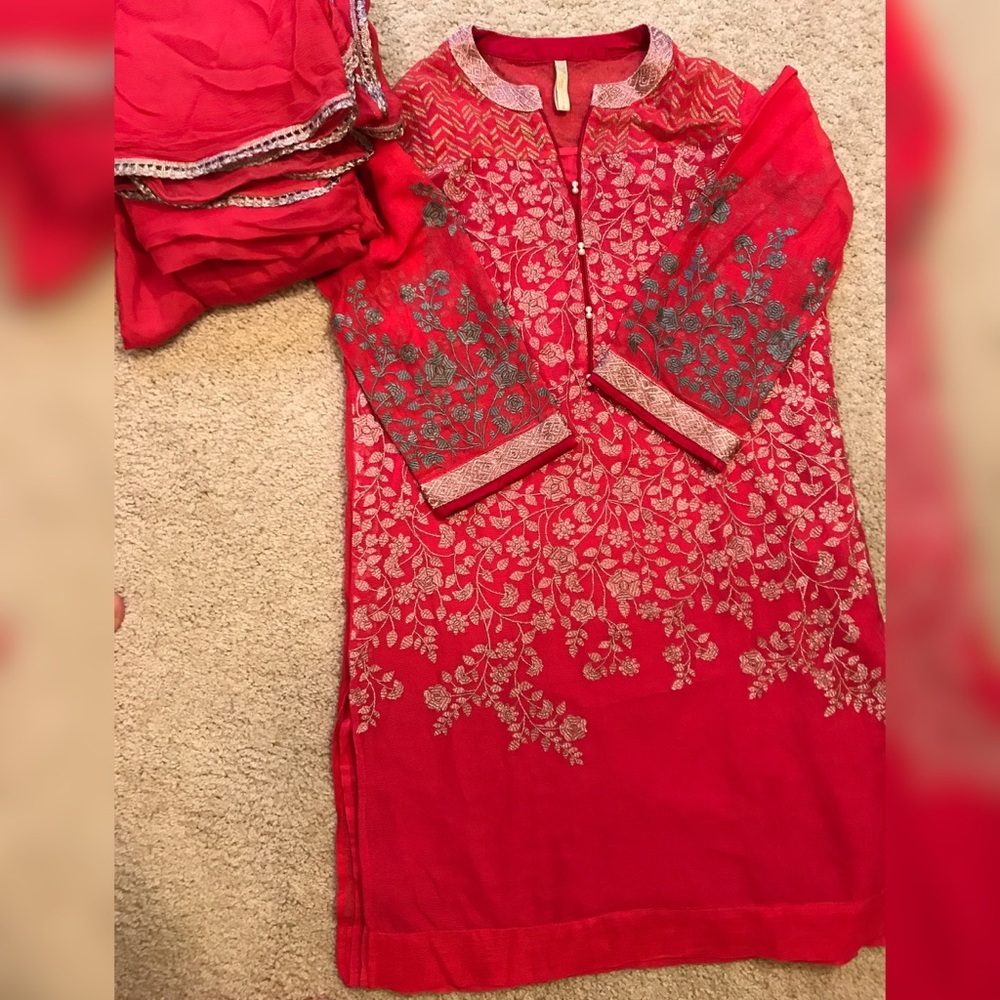 3 piece cotton net suit with embroidery
